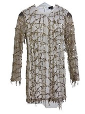 Pretty Little Thing Size 8 Ivory Gold Dress Cream Lining And Golden Lose Sequins