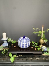 Blue and White Porcelain Pumpkin – Decorative Ceramic Gourd n Floral & Medallion