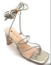 Women’s Strappy Gold Block Heel Sandals Tie Up High Heel Evening Party Footwear 