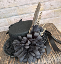 Black Steampunk Gothic Top Hat 57cm Feathers Keys Clock Lace (38)