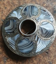 Silver Brooch Antique Victorian round Montrose Scottish agate w/delicate silver