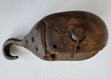 Antique Wrought Iron and Wood Twin Pulley Block with Wooden Sheave Wheels