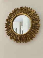Decorative Round Sun Wall Mirror Sunburst Feathers Leaves Gold Metallic 32cm