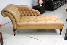 Chaise Lounge Real Aniline Leather In Old English Light Tan Ex-Display Premium
