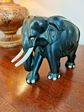 A Large Antique Ebony Wood Hand Carved  Anglo Indian Elephant