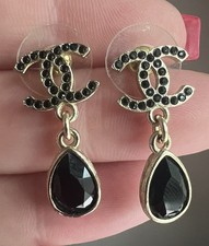 Authentic Chanel CC Logo Black Stone Drop Earrings  Gold