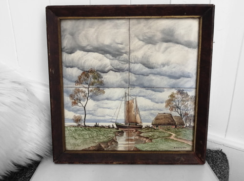 Dutch tile panel river - panel, ship