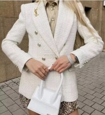 Zara Tweed Ecru Cream Jacket Double Breasted Blazer Size XL