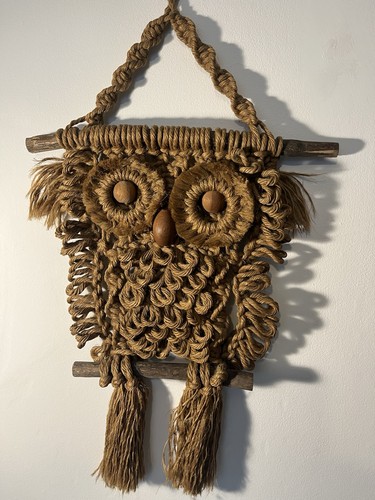 Large vintage macrame owl wall - vintage,
