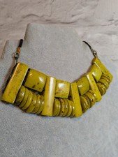 Natural horn necklace yellow/lime green ethnic bib style black faux suede 42+6cm