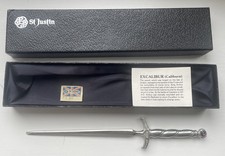 Boxed St Justin ‘Excalibur’ steel letter opener with purple stone pommel