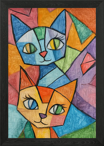 Colorful cubist cats - colorful, framed