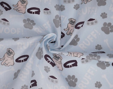 Pug Paw Dog Polycotton Sky Blue Fabric 44 inch By The Metre FREE DELIVERY