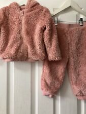LOVE THIS ? 2pc Furry Pink Tracksuit Outfit Jacket & Trousers Girls 12-18 Mths