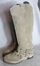 Faith Taupe Suede Knee High Boots Studded Straps Buckle Western Biker UK Size 6