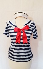 SAILOR SHIRT AND HAT LADIES BLUE WHITE STRIPE NAVY FANCY DRESS 2 PCS SIZE SML ⚓