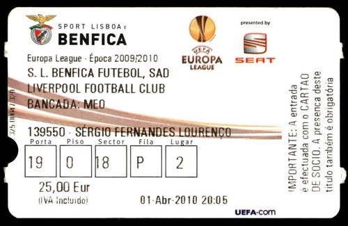 Ticket 2010 benfica vs - 2010, sl