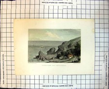 Old Print Babbacome Bay Devonshire Sailing Boat Fisherman'S Hut Boats 359J