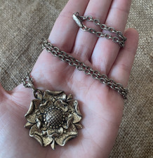 Vintage Miracle Tudor Rose Flower Gold Tone Signed Necklace Pendant 1970's Motif