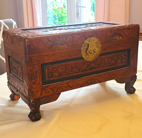 Carved floral wooden chest - carved,