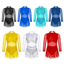 Kids Girls Sequin Tassel Latin Jazz Dance Dress Hollow Back Salsa Rumba Costume