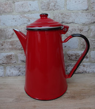 Vintage Red Enamel Coffee Pot with Black trim 1 Litre. Hinged lid. Poland.