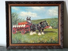 Original Oil on Canvas Thwaites Brewery Horse Drawn Cart Painting Framed Vintage
