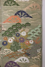 antique Japanese hand woven silk maru obi fabric green wheel wave floral 1