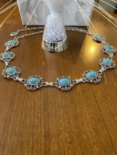 Silver Colour, Large Turquoise Connectors Waist Metal Belt, Metal Chain Belt