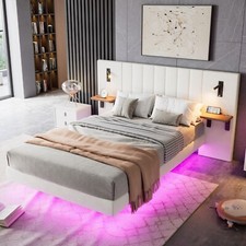 4ft6 Double Bed Frame with Wide Headboard with LED Lights and Night Tables White