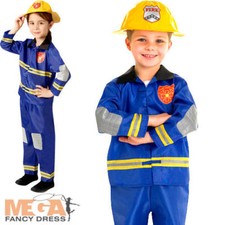 Fire Fighter + Hat Kids Fancy Dress Fireman Uniform Boys Girls Childrens Costume