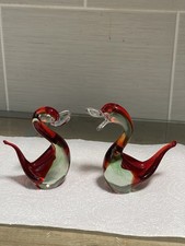 Pair Of Murano Glass Ducks Red Clear 268g & 242g 5”x4 1/2” Perfect Cond Unsigned