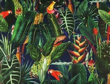 Rainforest Tropical Printed Velvet Fabric - Curtains Cushions Furnishings - NAVY