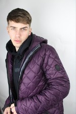 Mens Jacket Burgundy Quilted Padded Goggle Detachable Hood Location Transform