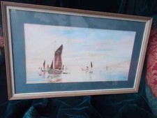 Original Big early 20th century painting Fishing boats Signed Robins 1917