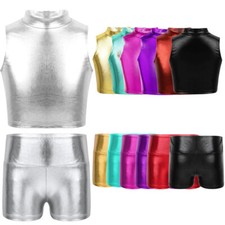 UK Kids Girls Shiny Metallic Dance Outfit Crop Tank Tops with Shorts Gym Stage