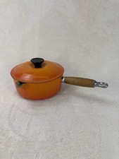 Vintage Le Creuset Cast Iron Saucepan 18 Volcanic Orange Wood Handle France Lid