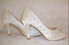 SIZE 3 4 5 6 IVORY CREAM SATIN DIAMANTE MID HEEL BRIDAL PEEP COURT SHOES BNWB