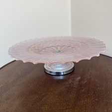 Art Deco Print Depression Glass Cake Stand Collectable Tea Party GC Collectable