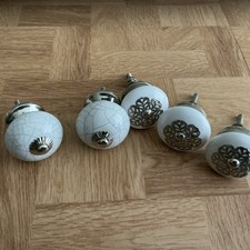 Silver and white knobs  mosaic ceramic drawer knobs x5 