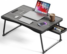 Laptop Bed Table Portable Foldable Cup Slot Side Drawer Notebook Stand Bed Tray