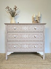 Hand-Painted Faux Bone Inlay Vintage Pink Chest of Drawers