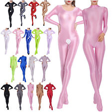 UK Women Oil Shiny Glossy Bodystocking Hollow Out Long Sleeve Bodysuit Catsuit