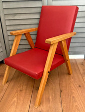 Vintage MCM Danish Style Childs Chair Small Wooden Frame Lounge Retro Red Vinyl