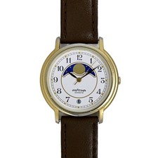 Pratina Quartz Moon Phase 34mm Watch Gold Case Brown Leather Band Numerals