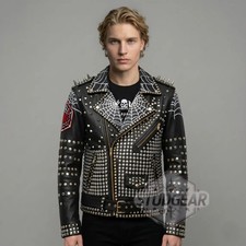 Men studded leather biker - studded,