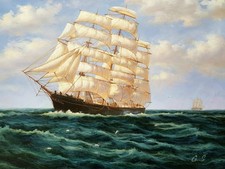 Clipper Ship Original Oil Painting On Canvas, Three Masted Barque Under Sail