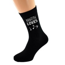 PERSONALISED NAME Loves Playing Music Note Image printed Mens Black Cotton Socks
