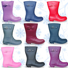 Womens Short Winter Wellies Pull On Snow Festival Rain Low Calf Wide Wellingtons