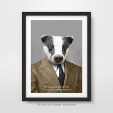BADGER Portrait ART PRINT Quirky Funny Animals as a Person People Head Clothes